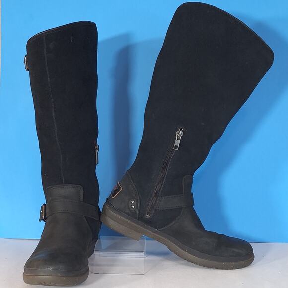 UGG Womens Thomsen sz 7/8 Black Tall Boots Moto Waterproof Suede Leather - Picture 1 of 14